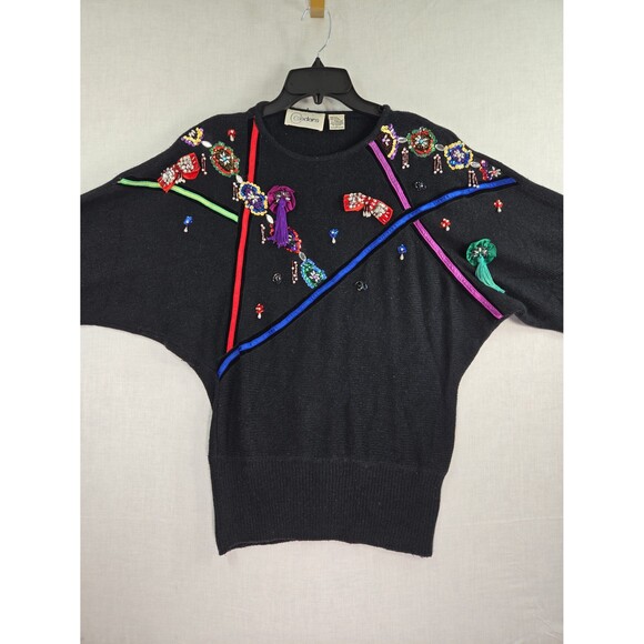 VTG Cedars Beaded Sequin Holiday Sweater Large Black Angora Silk 80s Party Glam - Picture 2 of 12